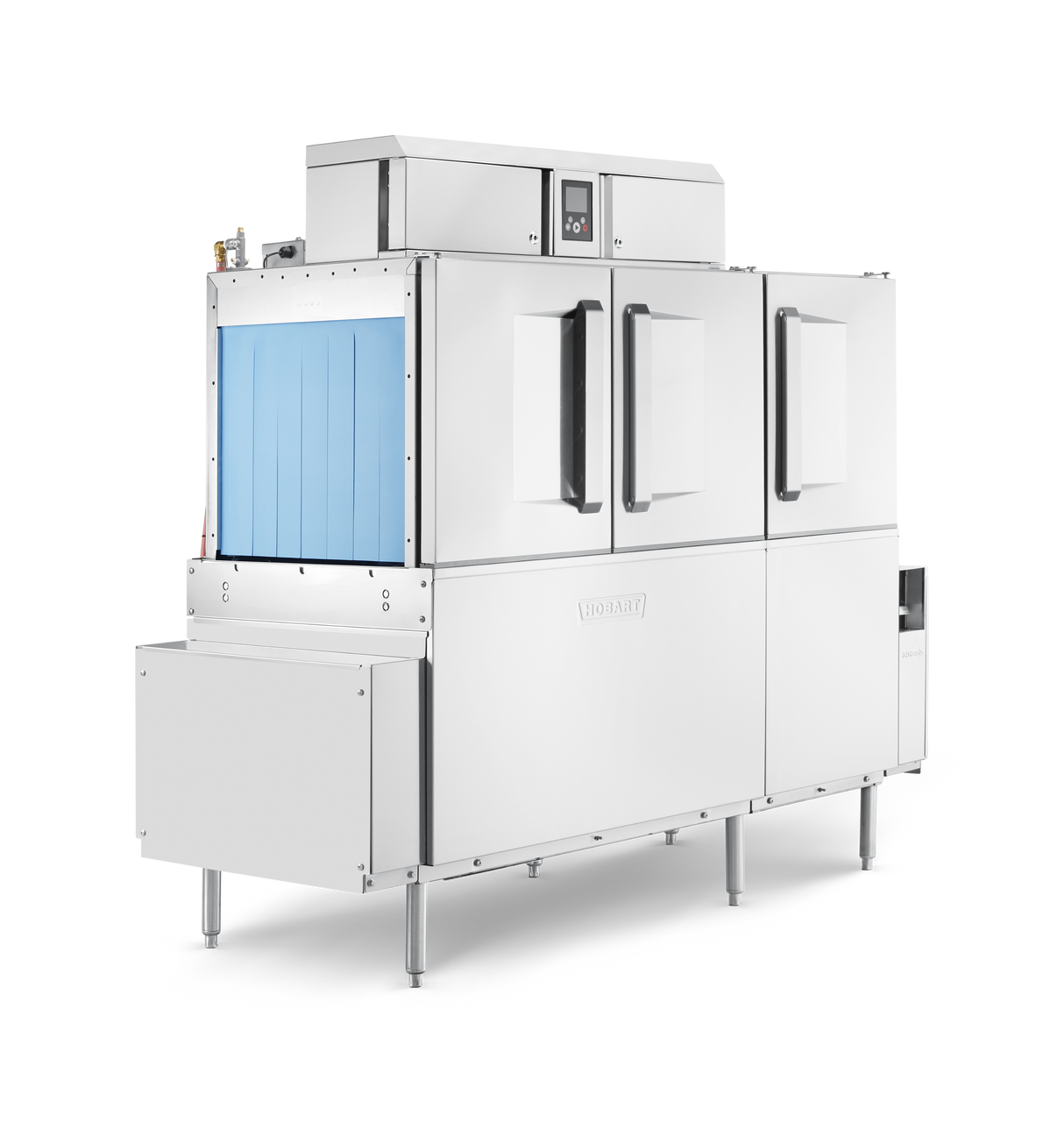 A large, industrial stainless steel conveyor dishwasher with two front doors and a blue conveyor entrance. Featuring automatic soil removal, control panels on top, and short legs, its designed for heavy-duty commercial kitchens. Transparent background.