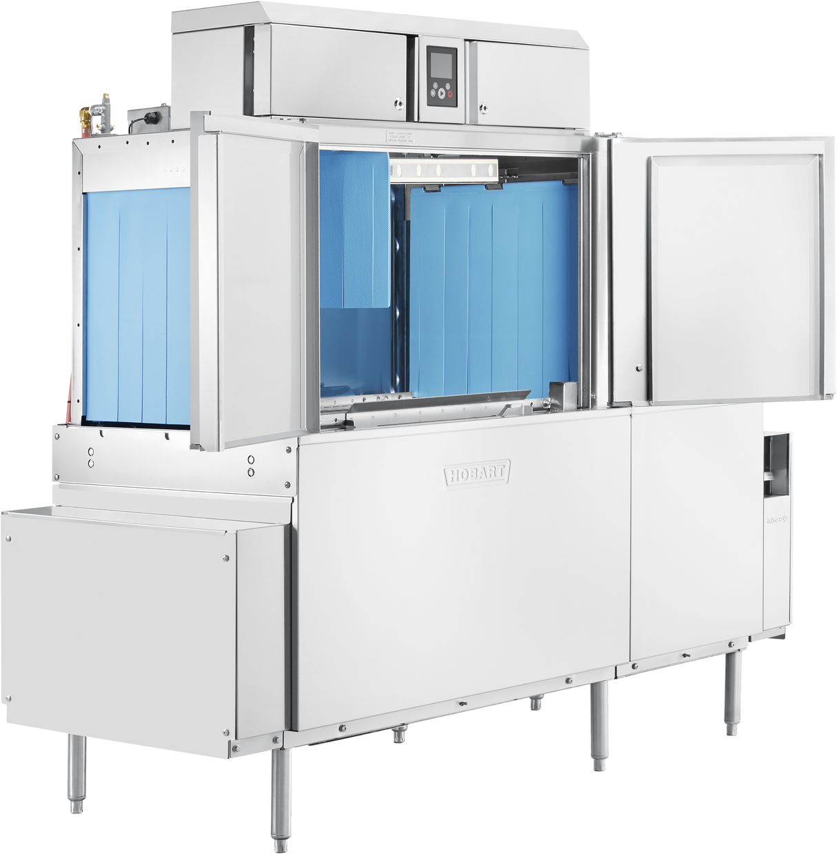 A large Hobart conveyor dishwasher with drain water energy recovery features two open doors revealing a blue interior. This industrial stainless steel machine includes a digital control panel, multiple compartments, and stands on short legs.