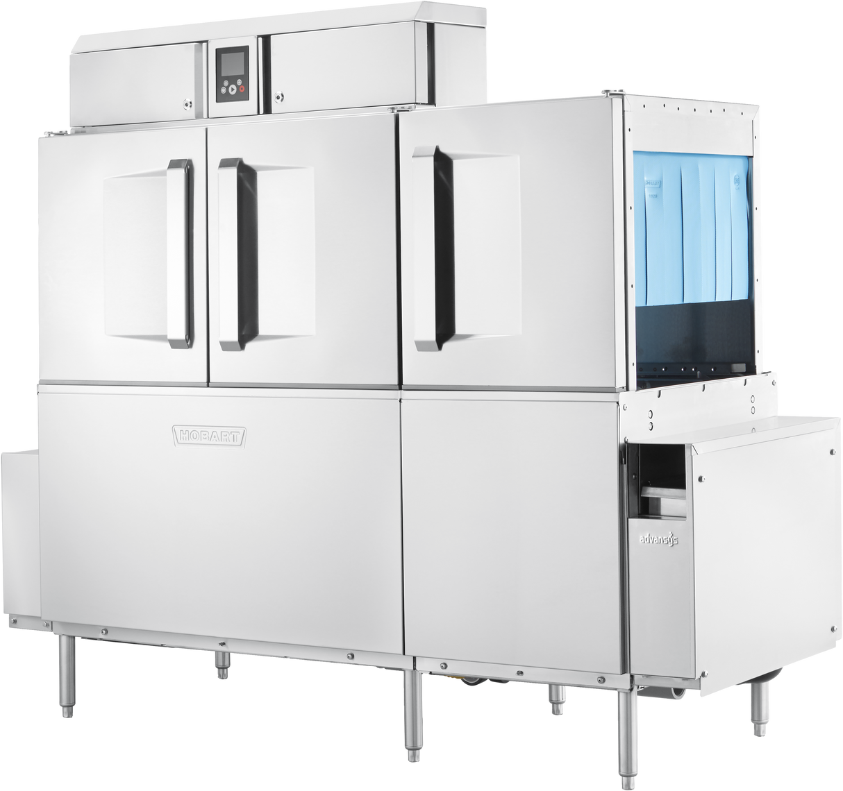 A large commercial conveyor dishwasher with double front doors, black vertical handles, control panel on top, drain water energy recovery, and an open blue-rack section on the right—perfect for high-capacity kitchen use.