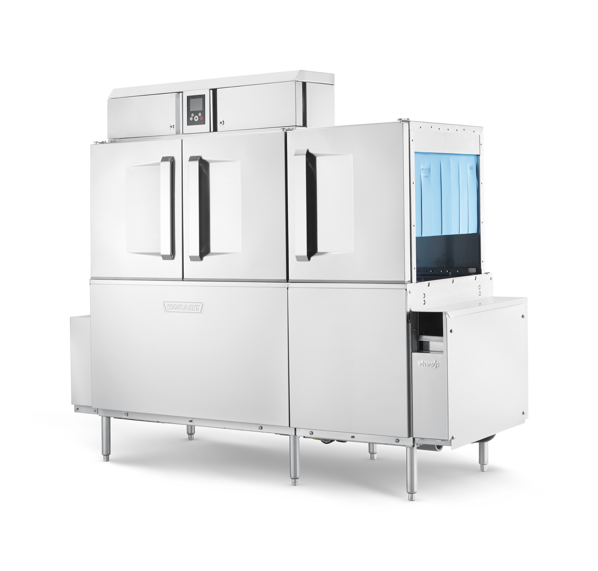 A large industrial stainless steel conveyor dishwasher with double front doors, raised control panel on top, and blue interior racks partially visible on the right side. Features automatic soil removal for efficient cleaning and stands on sturdy metal legs.