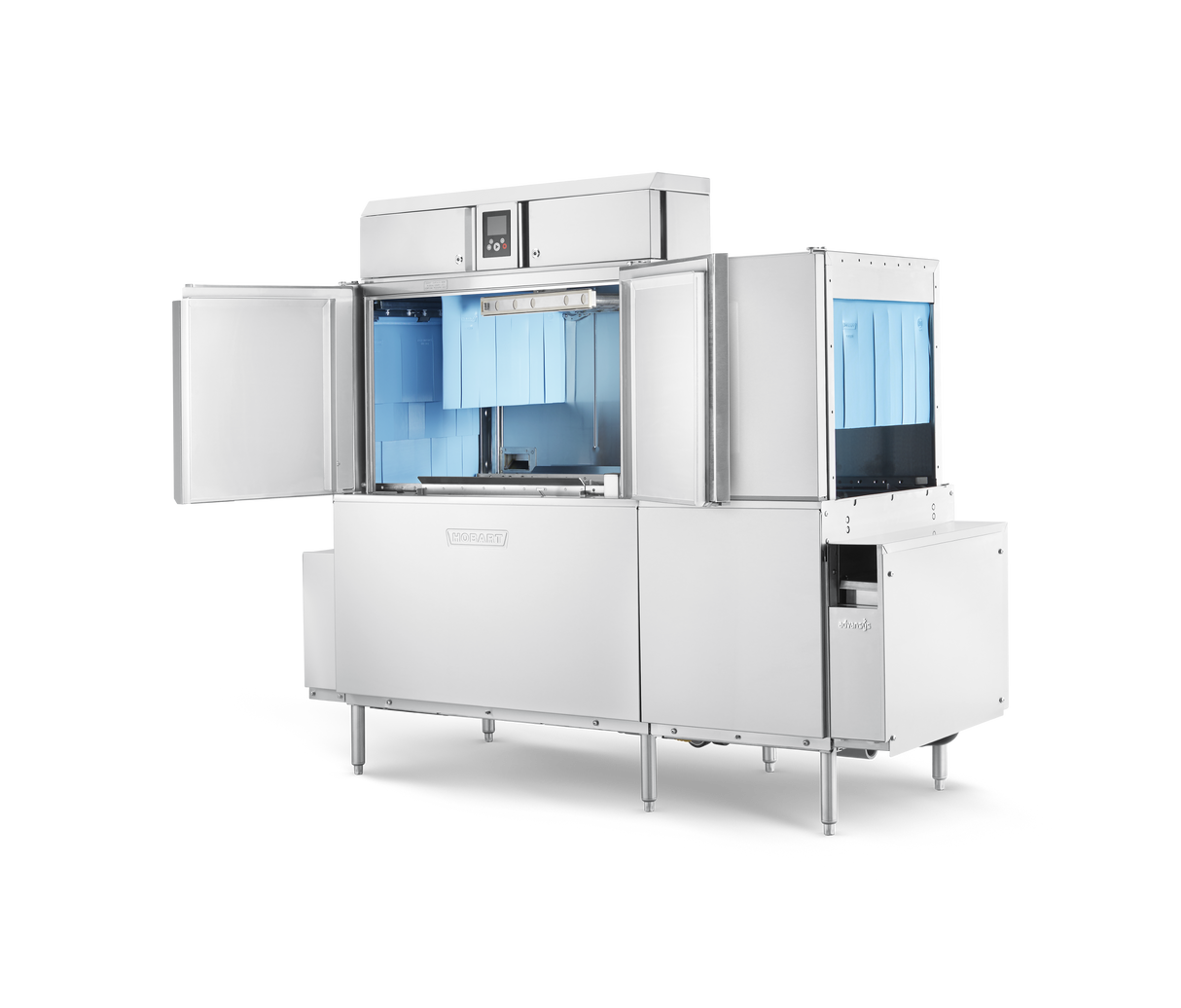 A large stainless steel conveyor dishwasher with front doors open reveals a blue-lit washing chamber. Featuring automatic soil removal and a control panel, the unit stands on metal legs against a plain white background. Various compartments are visible inside.