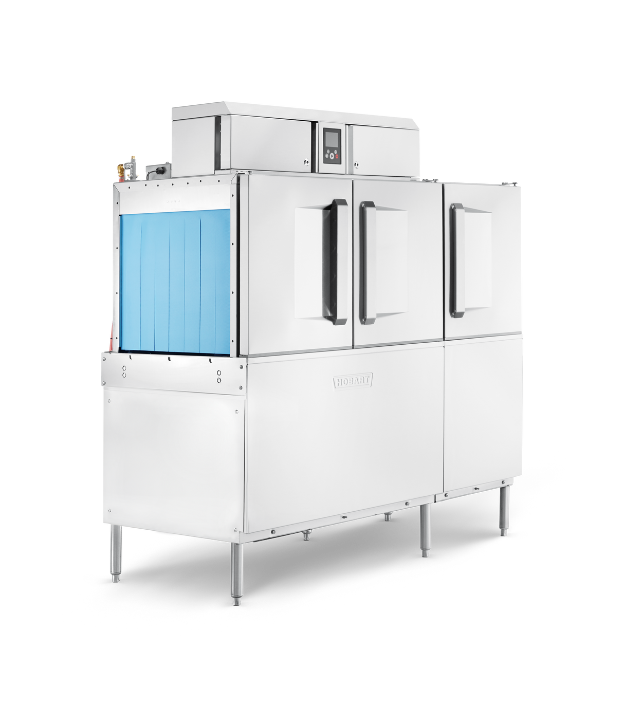 A large, industrial stainless steel conveyor dishwasher with three doors and vertical handles, a blue sliding panel on the left, power scrapper feature, control panel at the top center, and four sturdy legs, isolated on a white background.