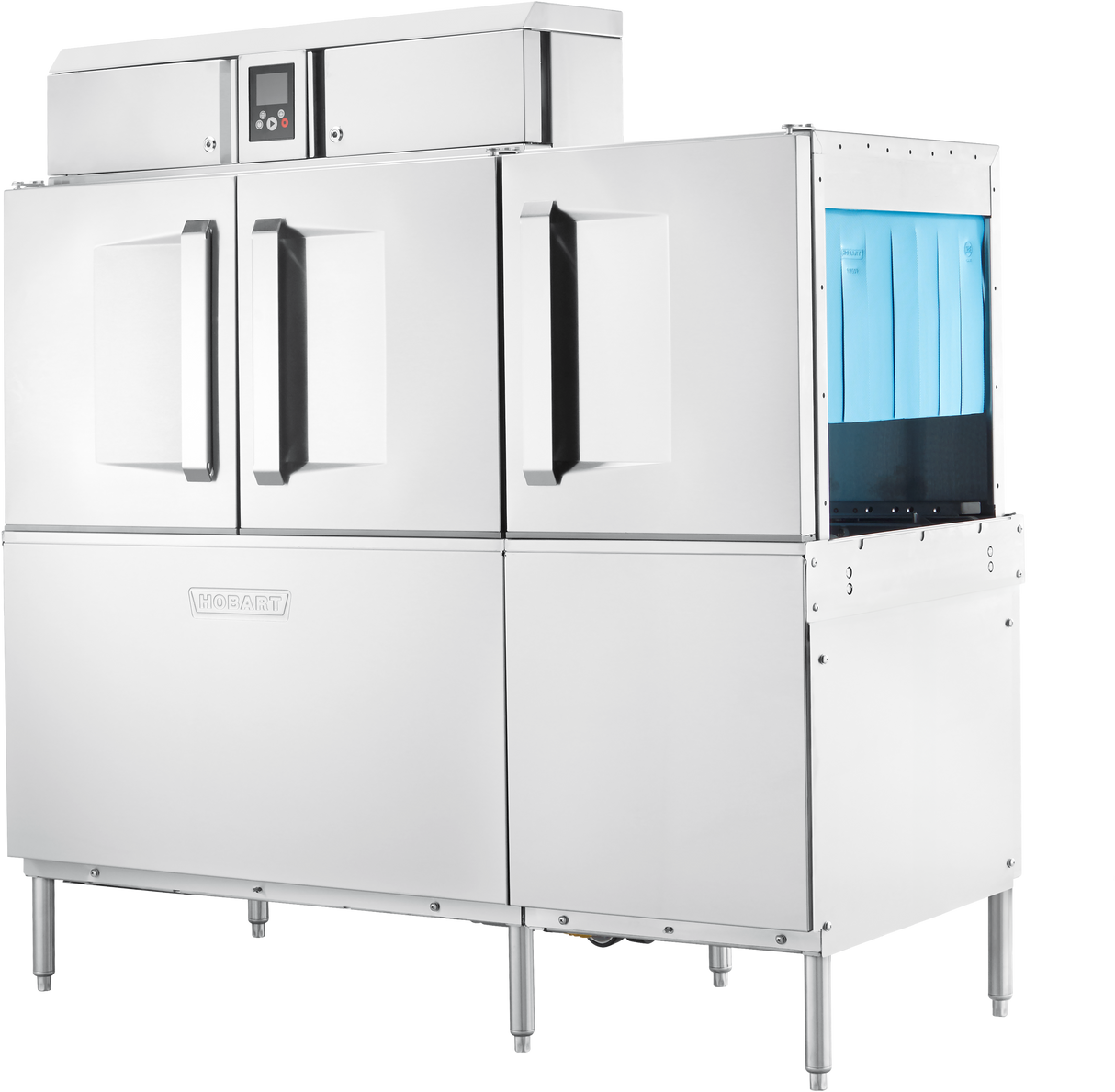 A large industrial stainless steel commercial dishwasher with double doors and black handles, digital top-panel controls, and a blue curtain covering a right-side opening, is shown on metal legs against a white background.