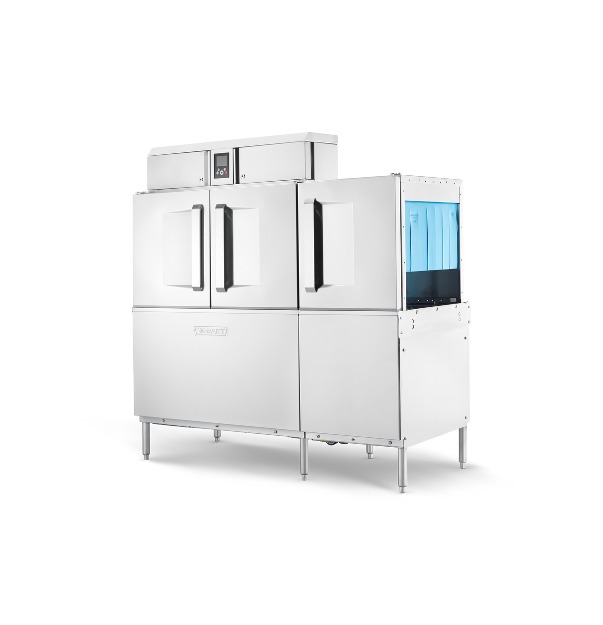 A large, industrial stainless steel conveyor dishwasher with two front doors, a digital control panel on top, and a side compartment showing blue racks. This ENERGY STAR machine stands on four legs against a black background.