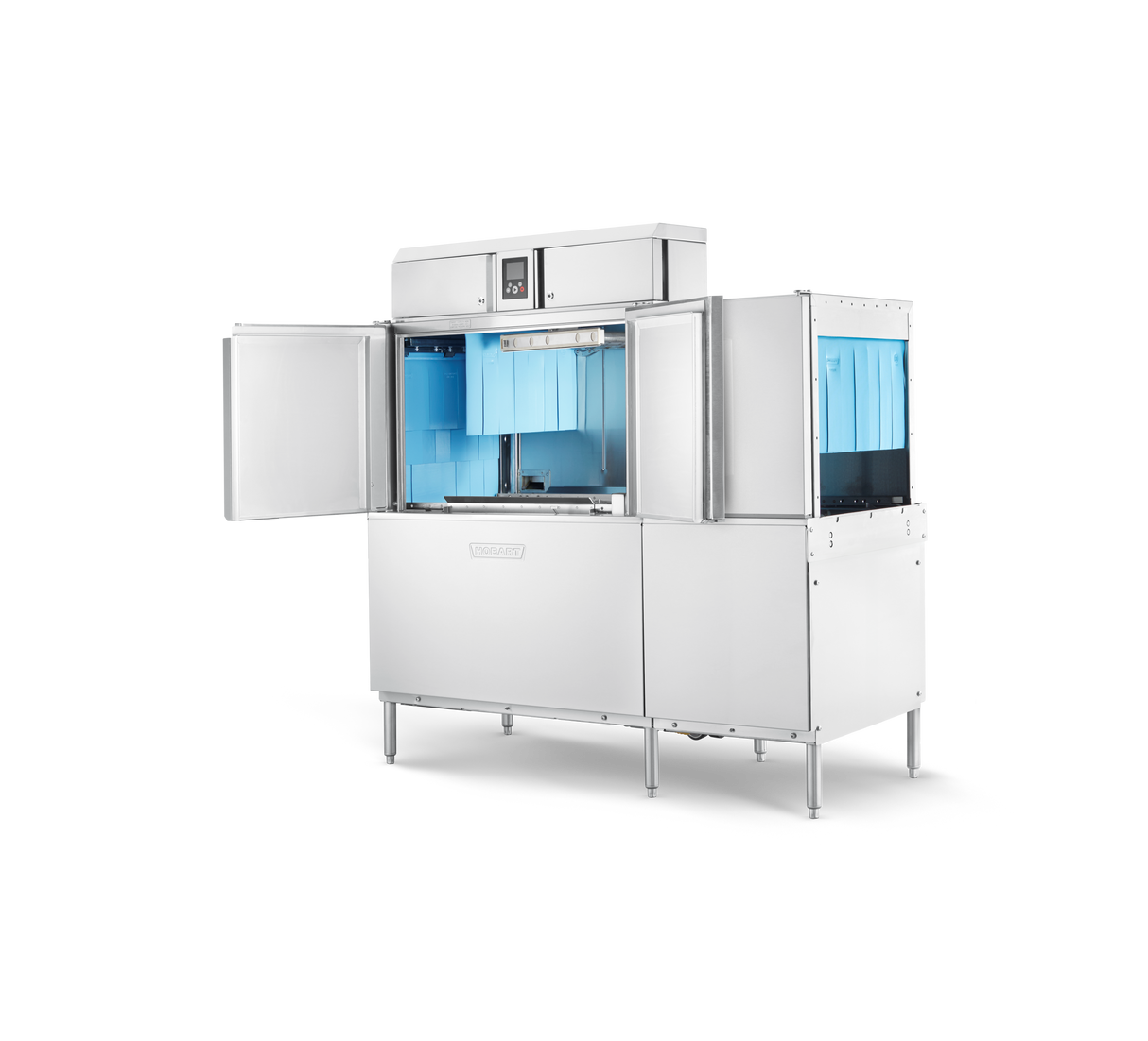 A large, industrial stainless steel conveyor dishwasher with open front doors reveals a blue interior and cleaning mechanisms. Featuring a power scrapper and control panel on top, this Energy Star machine is built for commercial or institutional use against a black background.