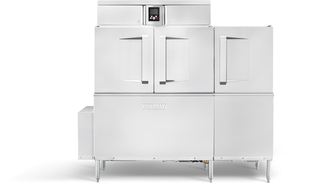 A large stainless steel conveyor dishwasher with double doors on the left and a single door on the right. Features a digital control panel above the doors, four sturdy legs, a box-like compartment, and drain water energy recovery for efficient operation.