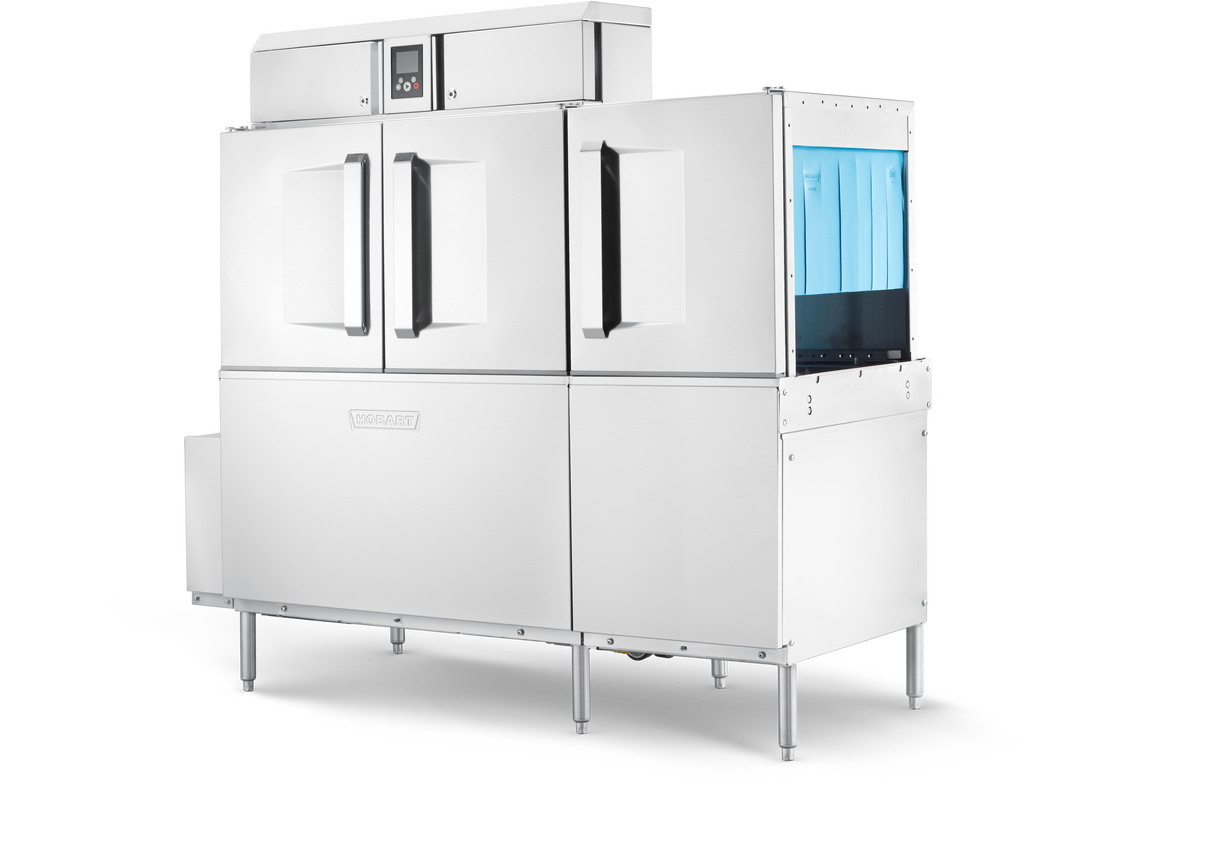 A large commercial conveyor dishwasher with a stainless steel exterior, two front doors with vertical handles, a digital control panel above, and a blue interior visible through an open side. The machine stands on four metal legs.