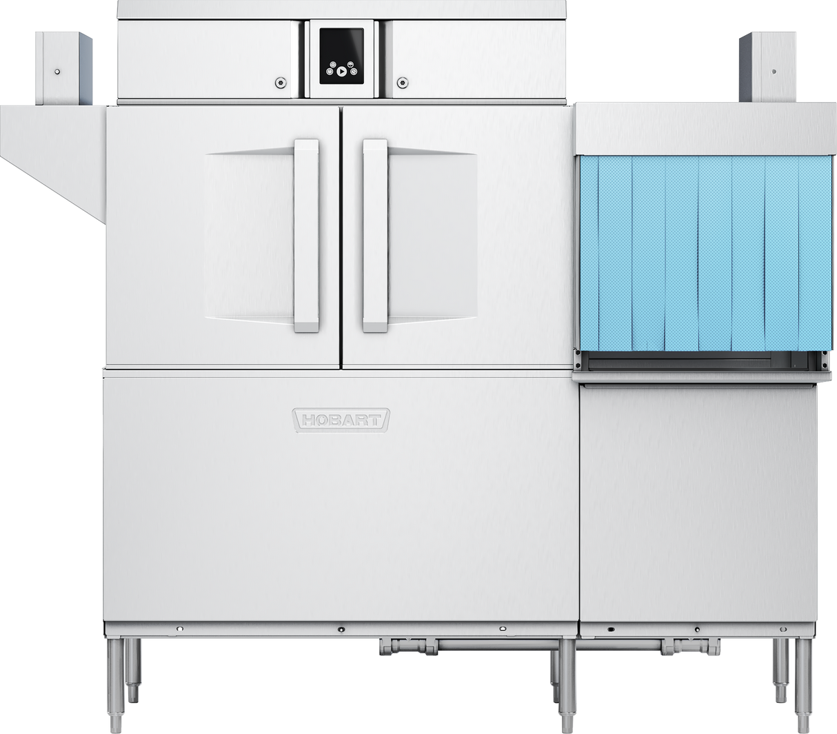 A commercial stainless steel ENERGY STAR Conveyor Dishwasher with two front doors, a small display above, Hobart logo below, and a blue vertical strip curtain on the right for loading; the machine stands on sturdy metal legs.