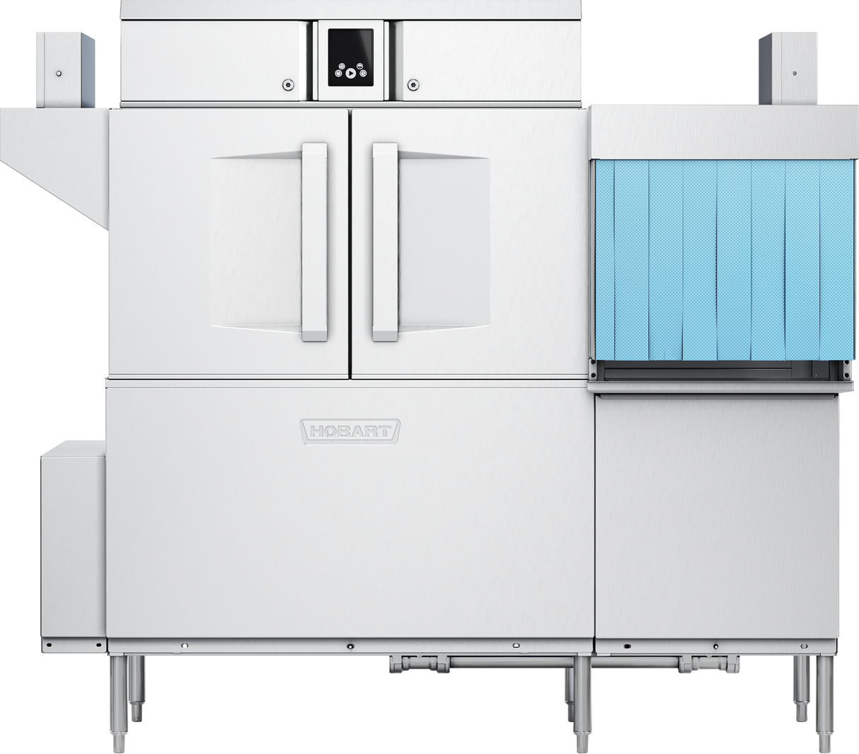 A commercial conveyor dishwasher with two front doors, a digital control panel above, and a blue curtain on the right side. The stainless steel machine features a power scrapper, Hobart logo on the front, and stands on sturdy metal legs.