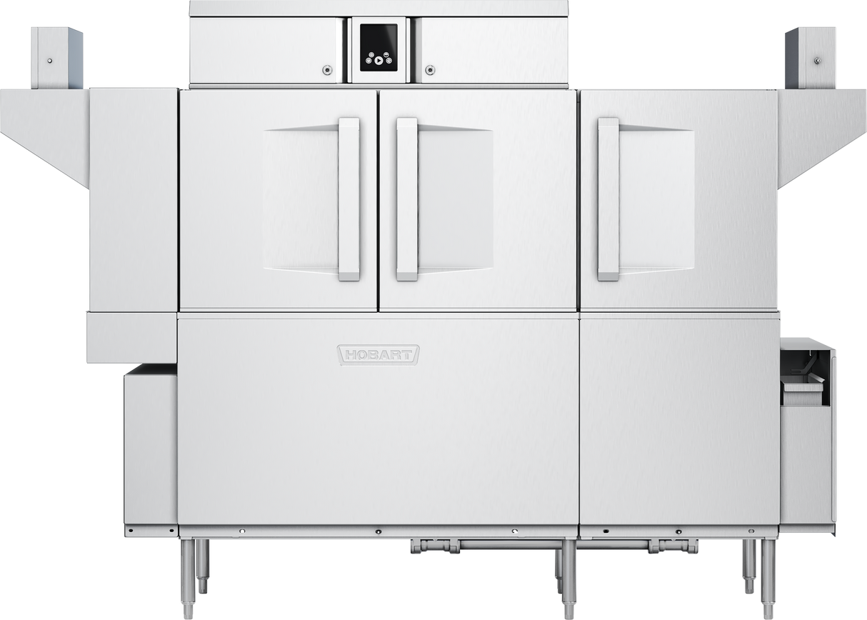 A commercial stainless steel Hobart conveyor dishwasher with two large front doors, a small control panel above, and side tables for loading and unloading. The machine features adjustable legs, modern industrial design, and automatic soil removal.