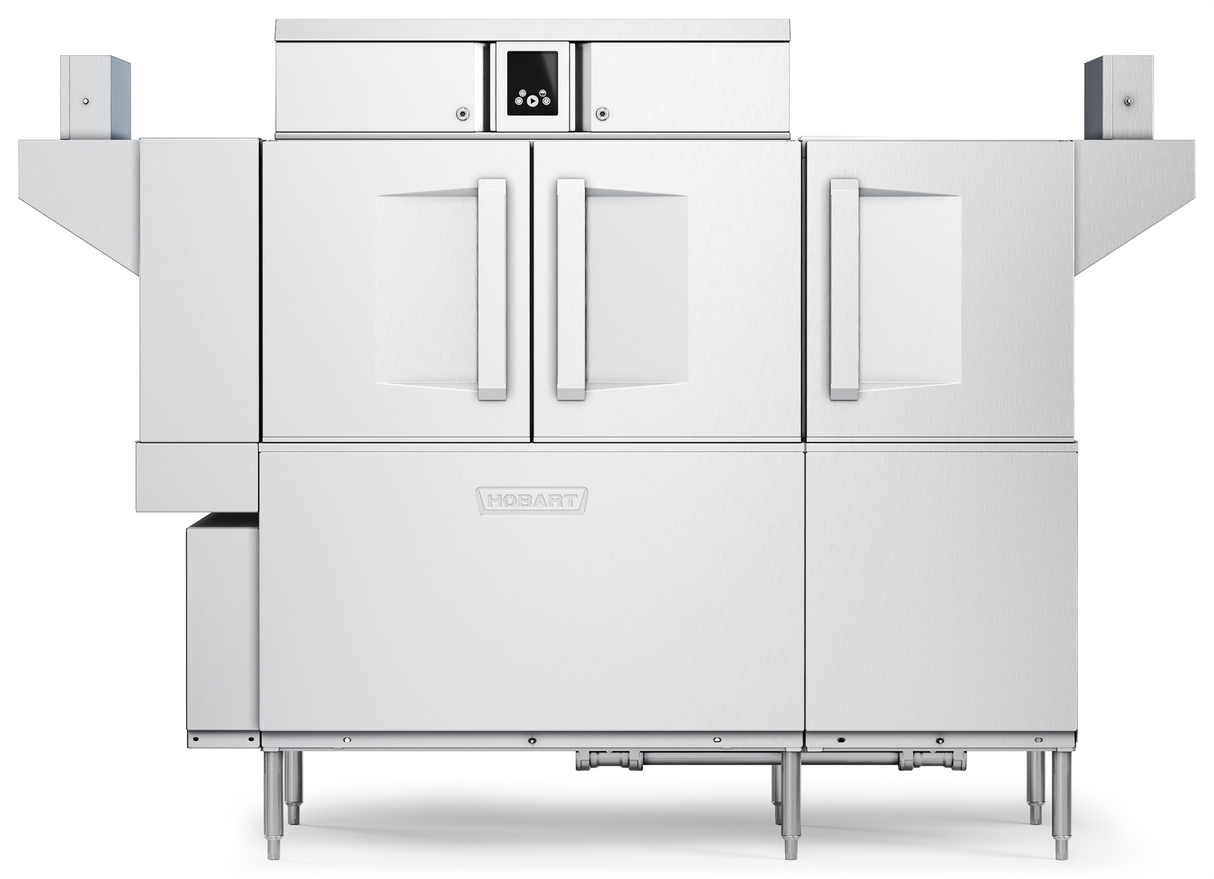 A large stainless steel conveyor dishwasher with two front doors, handles, touch screen controls above, and side extensions. The machine stands on four metal legs and features the Hobart logo on the front lower panel.