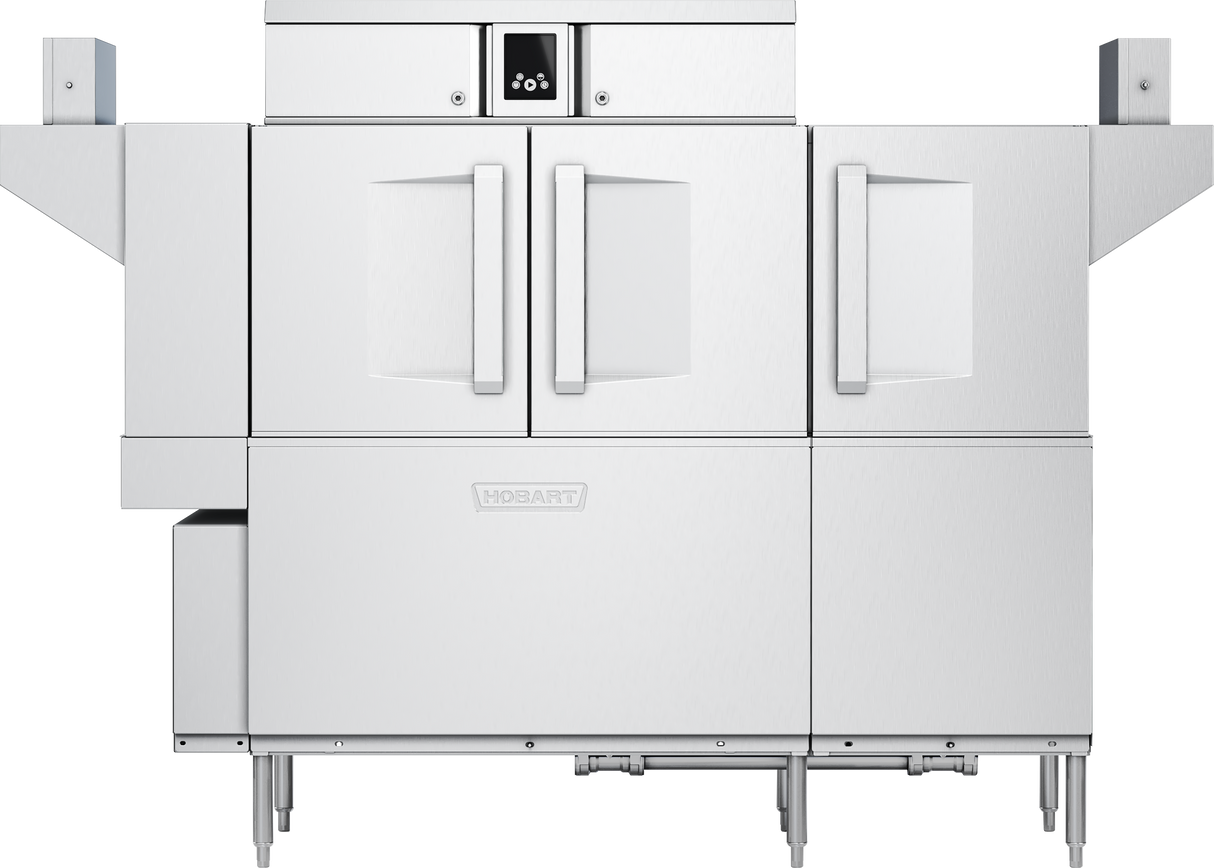 A large, stainless steel commercial conveyor dishwasher with two tall front doors, side shelves, adjustable legs, touch screen controls above the doors, and the brand name Hobart engraved on the lower front panel.