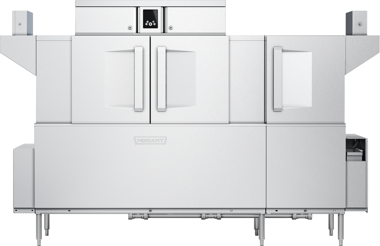 A large, industrial stainless steel conveyor dishwasher with double doors, a digital control panel at the top center, two side compartments with glass panels, and the Hobart brand name displayed on the front. Features Drain Water Energy Recovery for added efficiency.