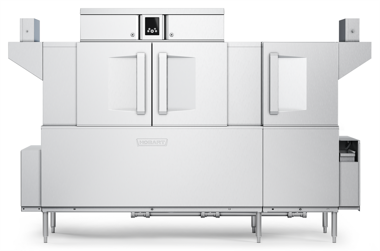 A large stainless steel commercial conveyor dishwasher with two front doors, a control panel at the top center, and the Hobart logo on the front. The machine features Automatic Soil Removal, angular side compartments, and stands on metal legs.