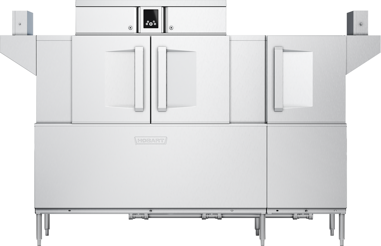 A large, stainless steel Hobart conveyor dishwasher with double doors in the center, a control panel above, and side panels extending outward. The appliance stands on four legs and features advanced touch screen controls for easy operation.