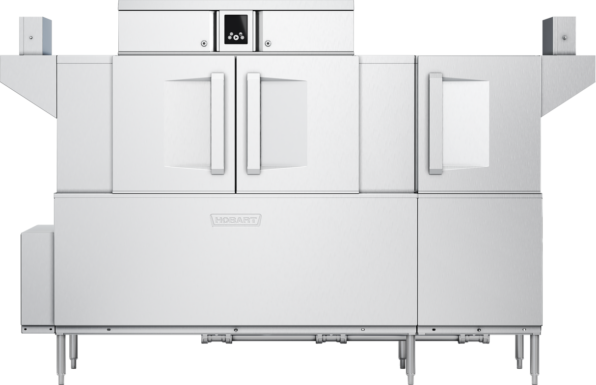 A large, industrial stainless steel conveyor dishwasher with two vertical handles on double doors, a top-center display with touch screen controls, and side compartments. Elevated on metal legs, it features the Hobart logo on the front panel.