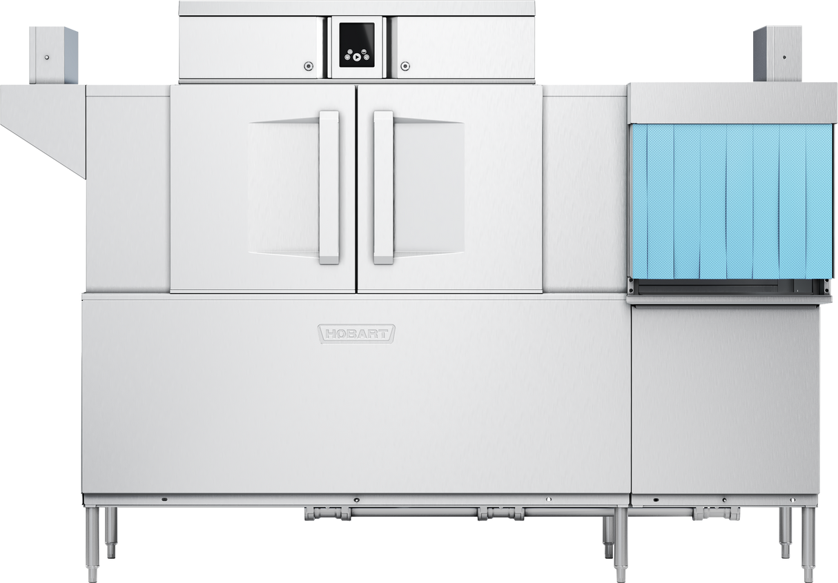 A large industrial conveyor dishwasher made of stainless steel features double doors in the center, a small touch screen control panel above, and a conveyor belt with blue vertical strips on the right for moving trays or dishes through the machine.