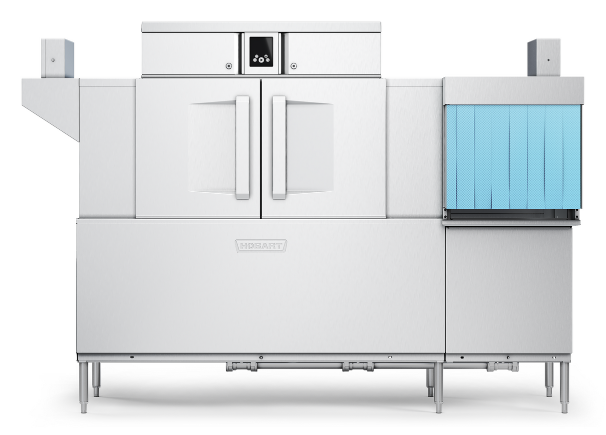 A large industrial stainless steel conveyor dishwasher with touch screen controls at the top center, two front doors, and a blue plastic curtain on the right side. The machine stands on metal legs and displays the Hobart logo on the front.