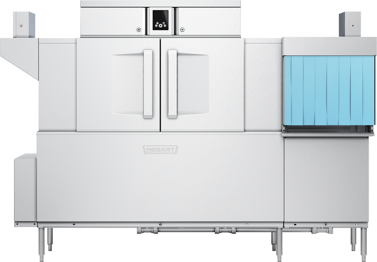 A large industrial conveyor dishwasher made of stainless steel with double doors in the center, a digital touch screen control display above, and blue vertical panels on the right side for stacking trays. The Hobart logo is visible on the front. The machine has sturdy metal legs.