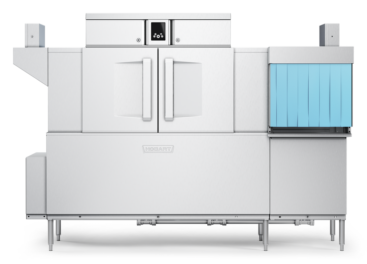 A large industrial stainless steel conveyor dishwasher with double doors in the center and a control panel above. On the right, blue plastic flaps allow easy loading or unloading racks. Features include drain water energy recovery and sits on metal legs with the Hobart logo.