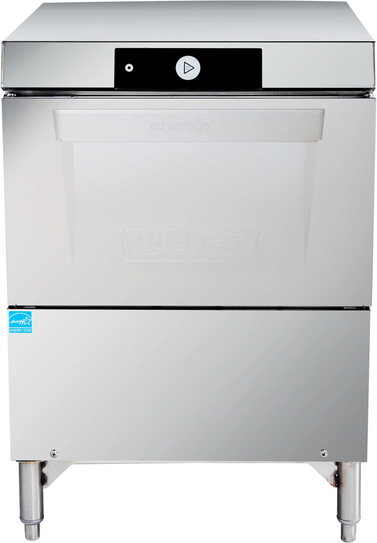 A commercial stainless steel Hobart undercounter dishwasher stands on four legs. It features a black control panel with a white triangular power button and digital display. The plain front door is embossed with the Hobart logo at the center.