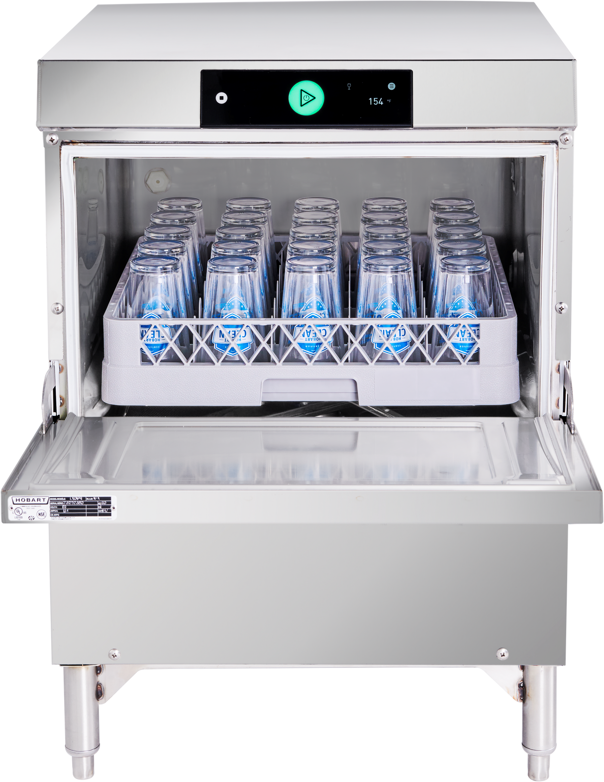 An ADA compliant undercounter dishwasher with its door open reveals a rack of clean glass cups. The stainless steel glasswasher features a control panel above the door with buttons and a digital screen, and stands securely on four legs.