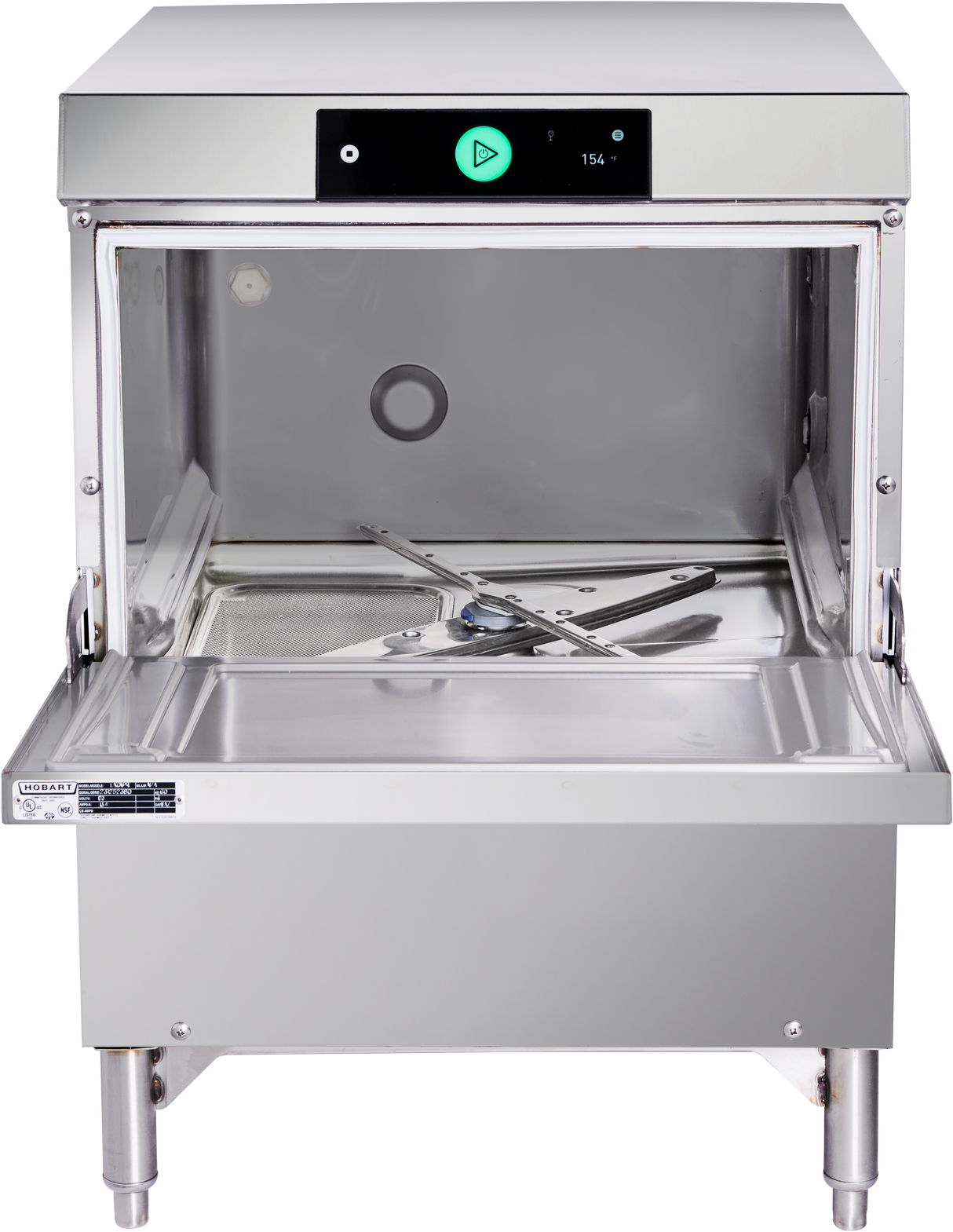 An Advansys stainless steel undercounter dishwasher with an open front door. The interior is empty, revealing spray arms and a metal rack. The control panel on top displays a green play button and the number 154.