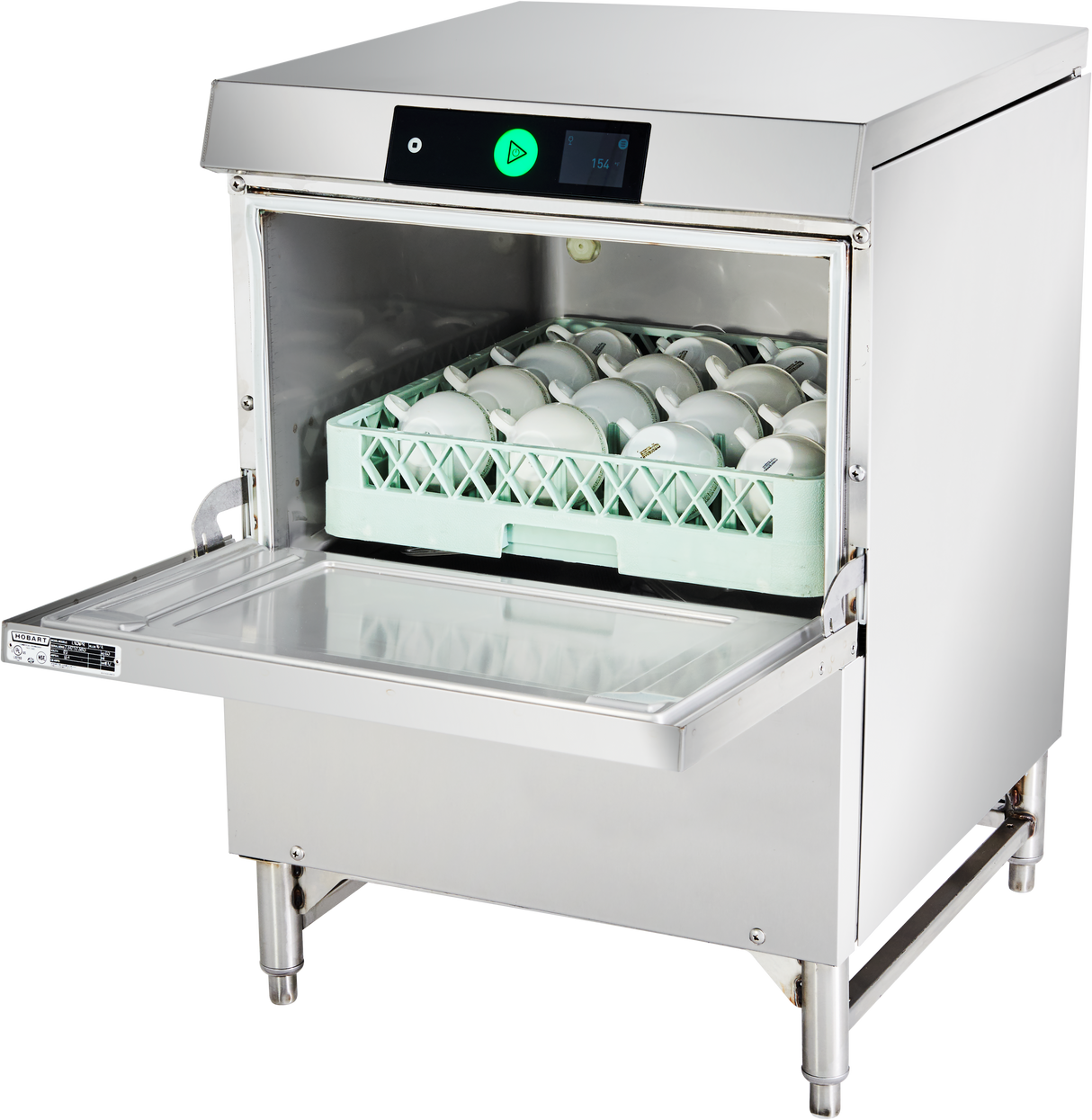 A commercial undercounter dishwasher with the front door open reveals a rack filled with white cups neatly arranged inside. The control panel at the top features a digital display and a large green start button. The machine stands on metal legs.