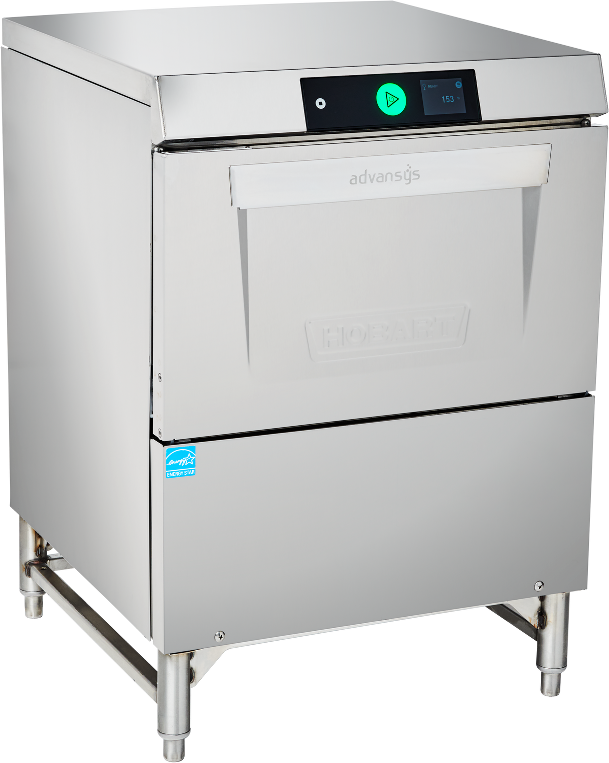 A commercial stainless steel undercounter dishwasher with a front-loading door, digital control panel, and advansys label. The Hobart unit features energy recovery technology and stands on four metal legs with a small blue sticker at the bottom left corner.