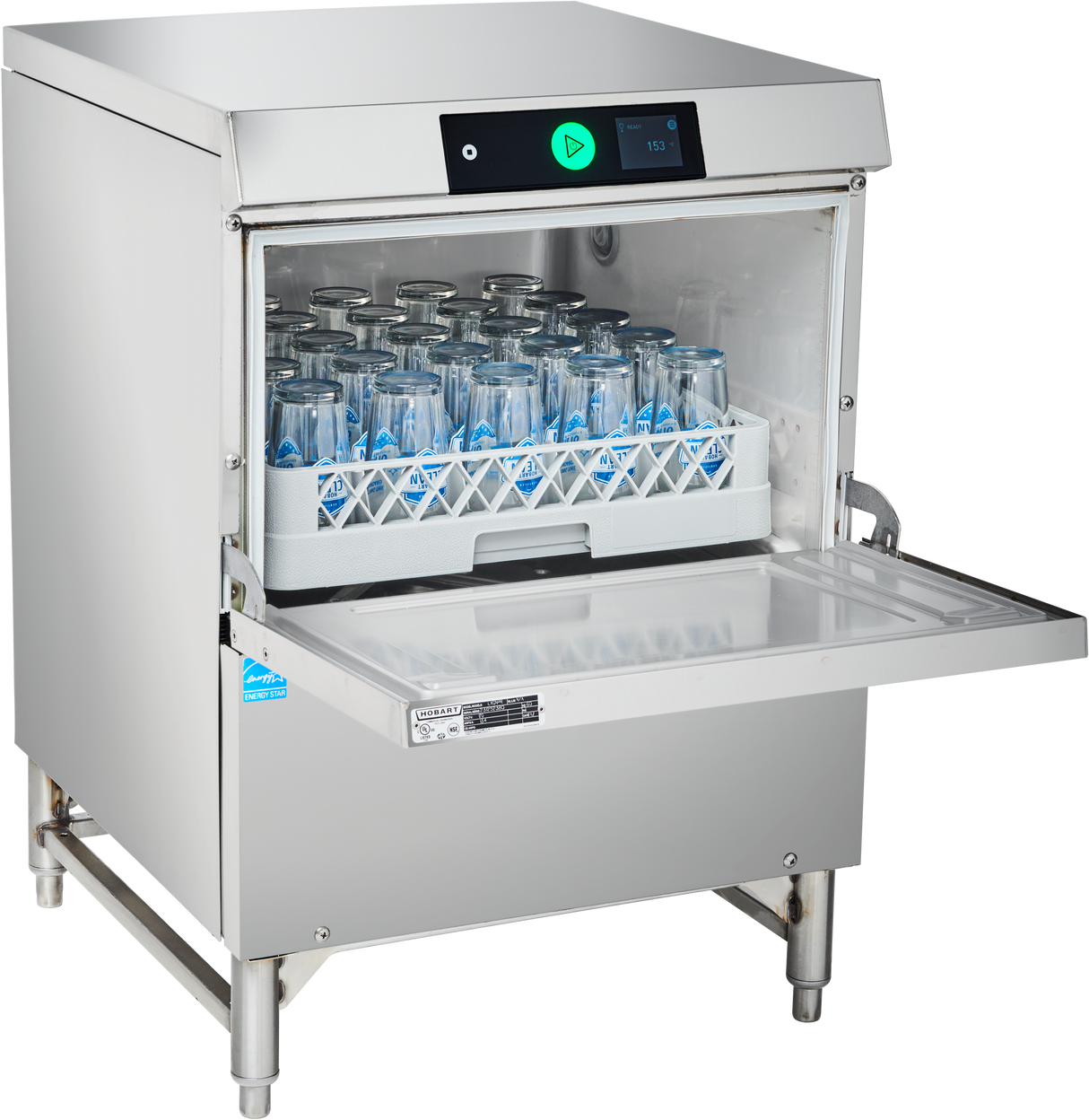 A commercial glasswasher with a stainless steel finish stands with its front door open. Inside, clean glassware is neatly arranged in a rack. The control panel displays washing settings, including hot water sanitization for optimal hygiene.