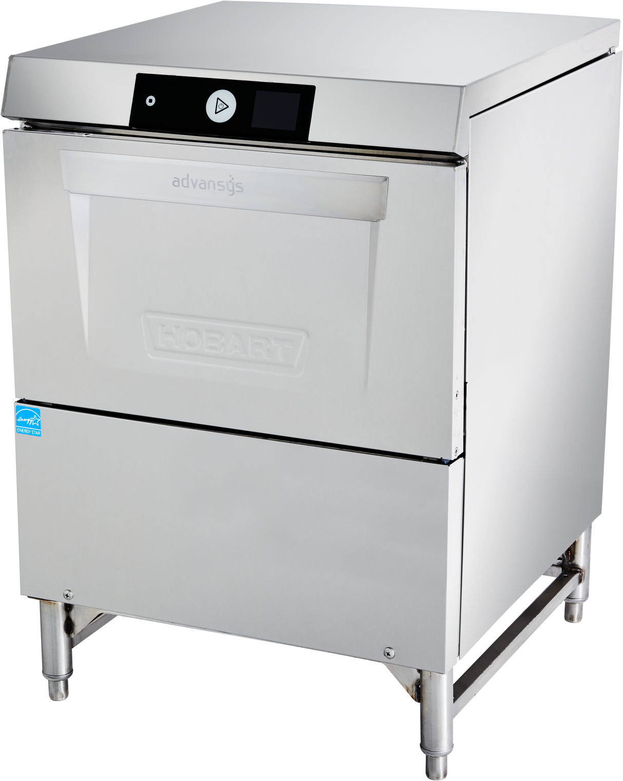 A commercial Hobart Advansys undercounter dishwasher, stainless steel, with a digital control panel, visible brand logo, and sturdy metal legs stands alone on a white background. The front-facing door is closed for hot water sanitation.