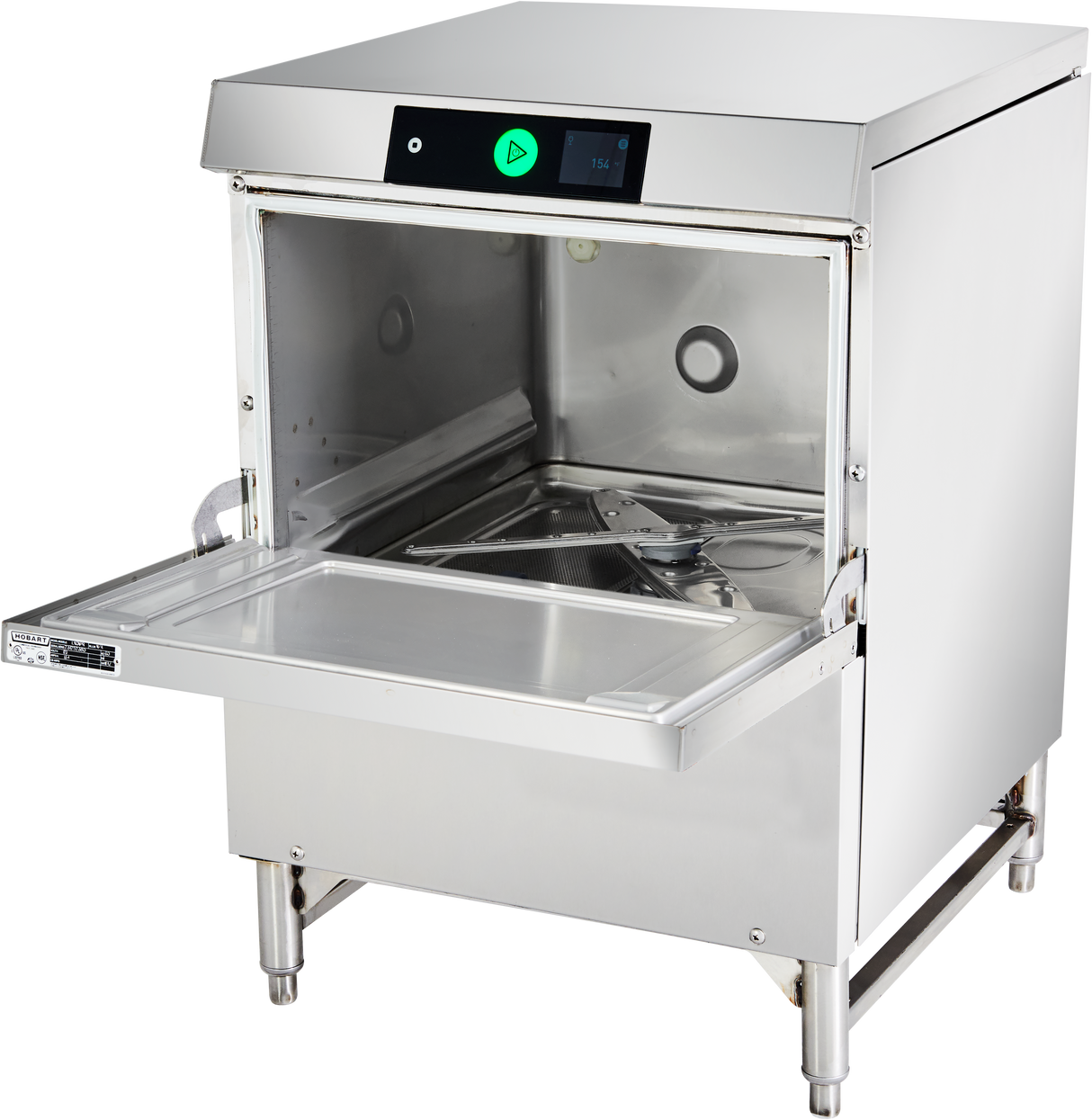 A stainless steel undercounter dishwasher with its front door open reveals an empty interior and rotating spray arms. The control panel above the door displays a digital screen, indicator lights, and a green start button. The machine stands on four legs.