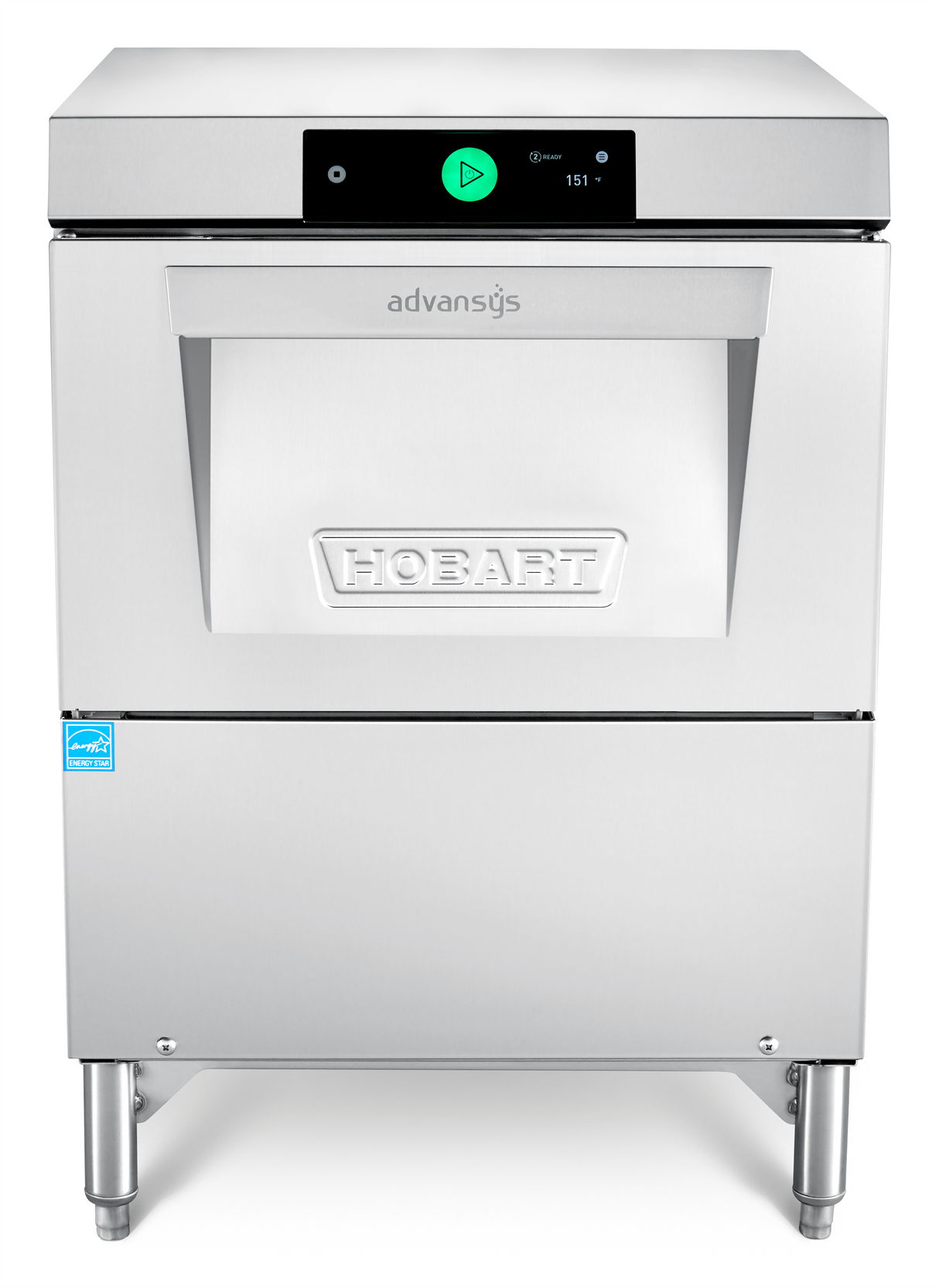 A commercial stainless steel Hobart undercounter dishwasher with a digital control panel displaying 151°F, a green start button, “advansys” label, and a clear window. ADA compliant, it stands on four legs and features a blue energy certification sticker.