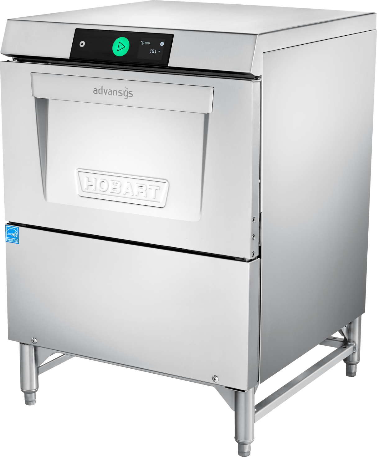 A stainless steel Hobart Advansys Undercounter Dishwasher stands on adjustable legs. The front features a handle, a prominent Hobart logo, and a touch control panel with digital display and green start button at the top. The design is sleek and industrial.