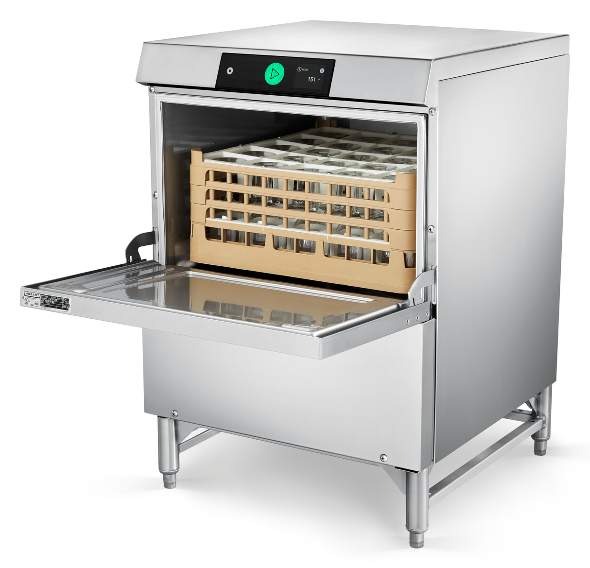 A stainless steel Advansys Hobart undercounter dishwasher with its door open reveals a beige rack filled with glassware. The modern control panel features a large green “Start” button, and the commercial glasswasher stands cleanly on metal legs.