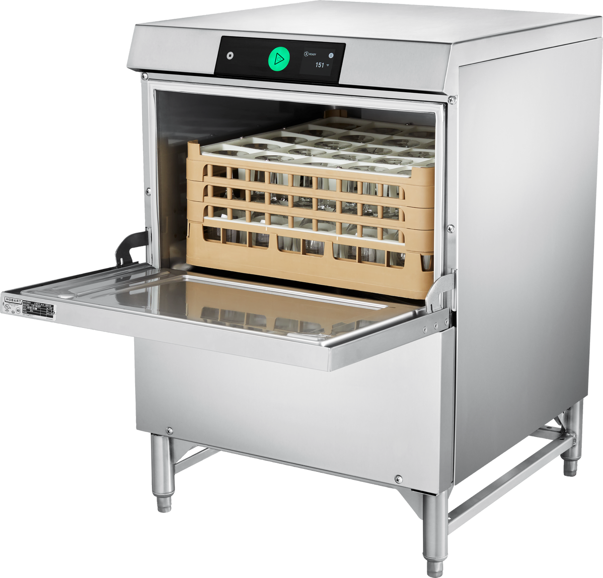 A stainless steel undercounter dishwasher with its door open displays a beige rack filled with glassware inside. The control panel on top features a digital display and a large green start button. This glasswasher stands on four legs.