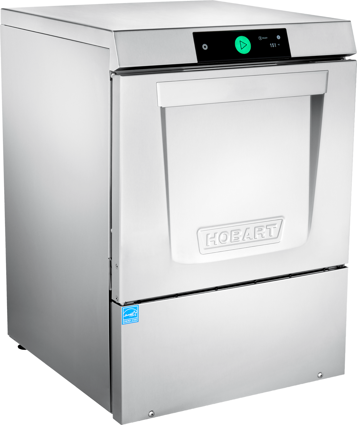 A stainless steel Hobart undercounter dishwasher features a front-loading door with a large handle, digital control panel on top with a green start button, and the Hobart logo. This ENERGY STAR model has a modern, industrial design.