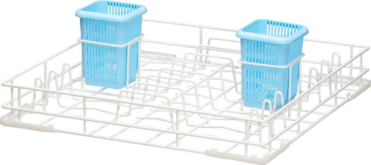 A white Hobart Two Level Wire Rack with multiple dividers for organizing dishes and two blue plastic silverware baskets attached near the center. The rack features an uncluttered, plain background.