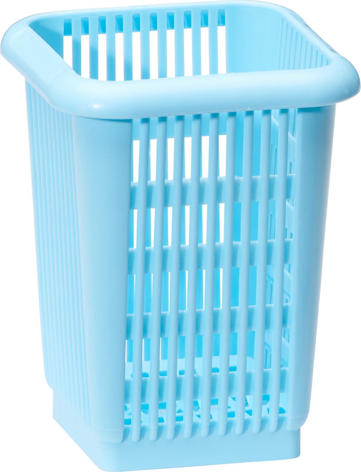 A light blue plastic wastebasket with vertical slits and a rounded rectangular rim, similar to silverware baskets or a replacement wire rack. The basket is empty on a white background, highlighting its simple, ventilated design.