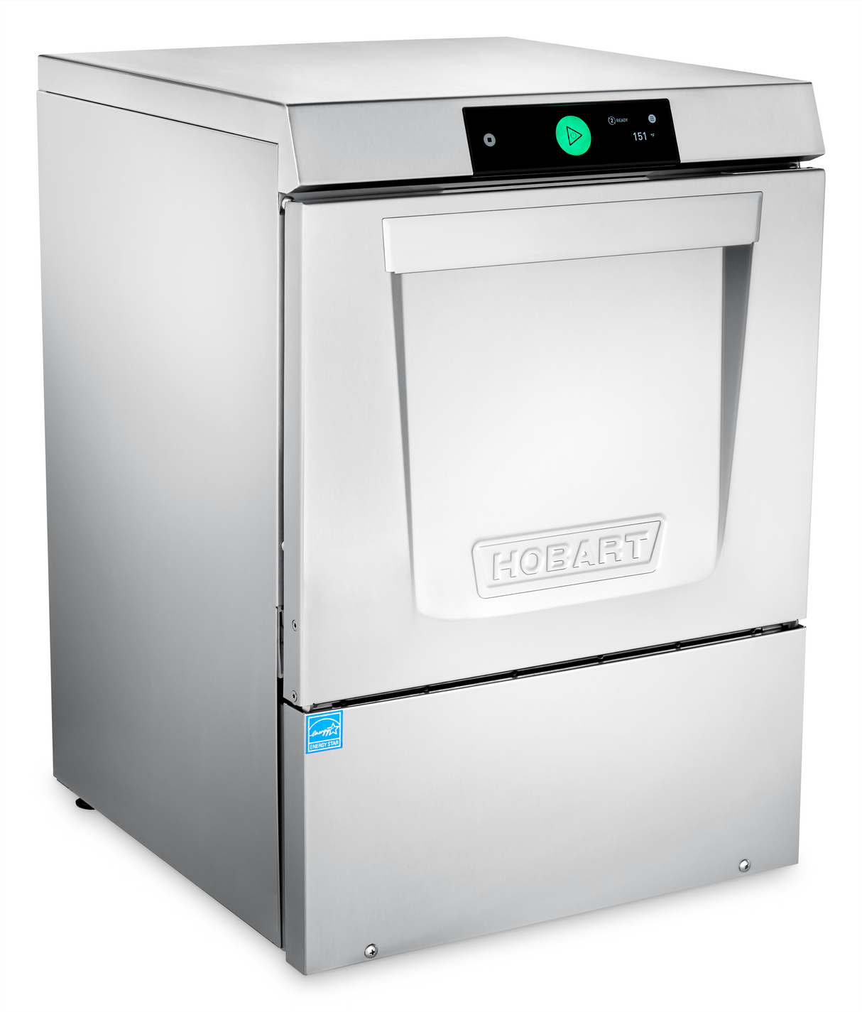 A commercial stainless steel Hobart undercounter dishwasher with a front-loading door, digital display, and control buttons on top. The Hobart logo is embossed on the door, and a blue certification sticker is on the lower left corner.