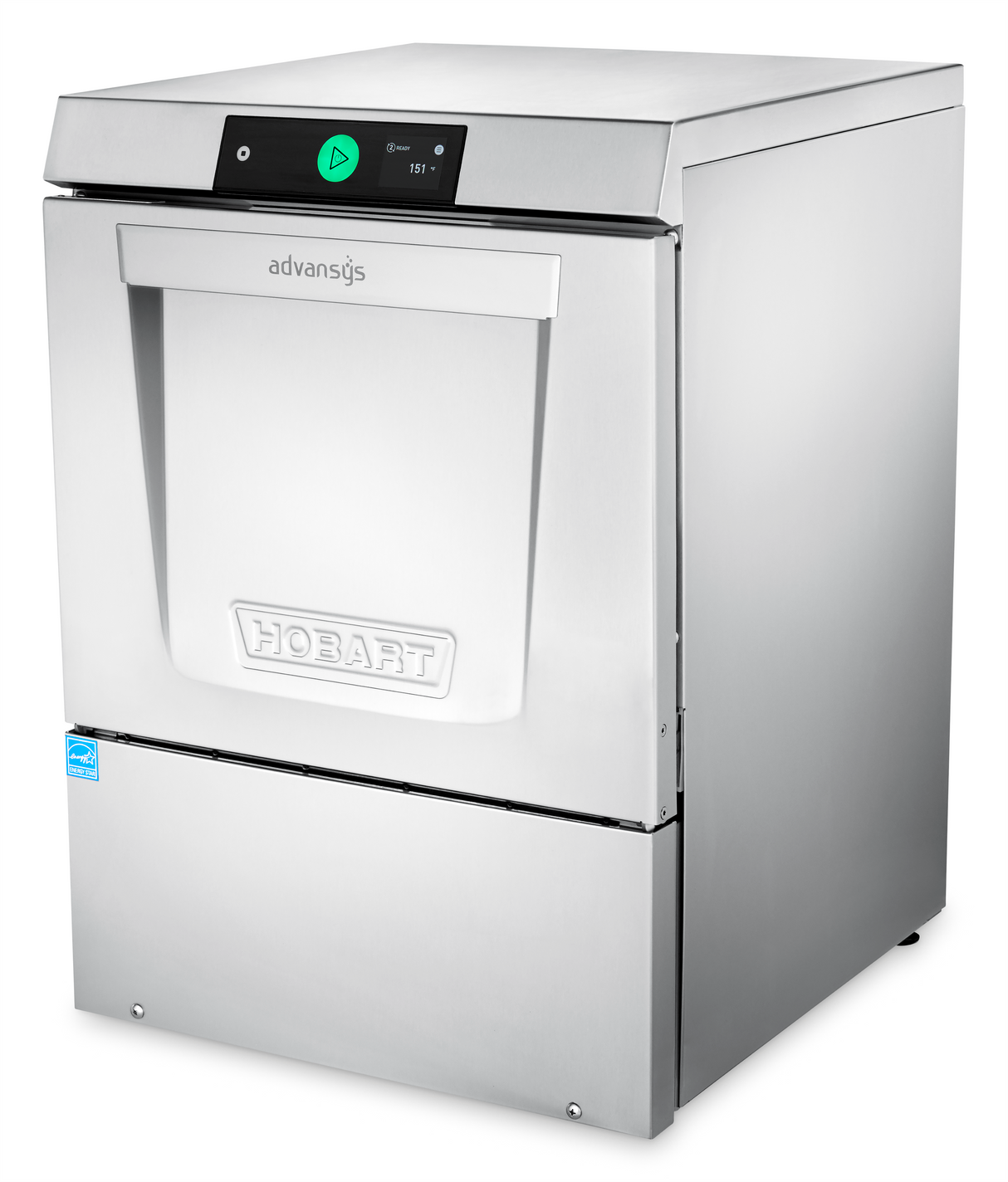 A stainless steel Hobart Advansys undercounter dishwasher with a rectangular front door, green-lit digital display, and sturdy design for industrial kitchens. Features high temperature sanitizing and the Hobart logo embossed on the lower door.