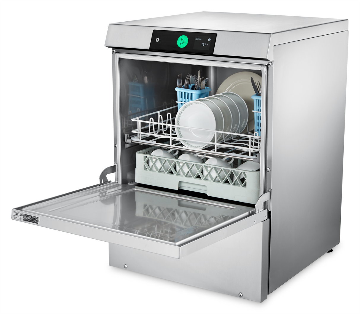 A commercial undercounter dishwasher with a stainless steel exterior stands open, displaying a rack loaded with plates, bowls, and utensils in baskets. The control panel above features a digital screen and green start button for high temperature sanitizing.