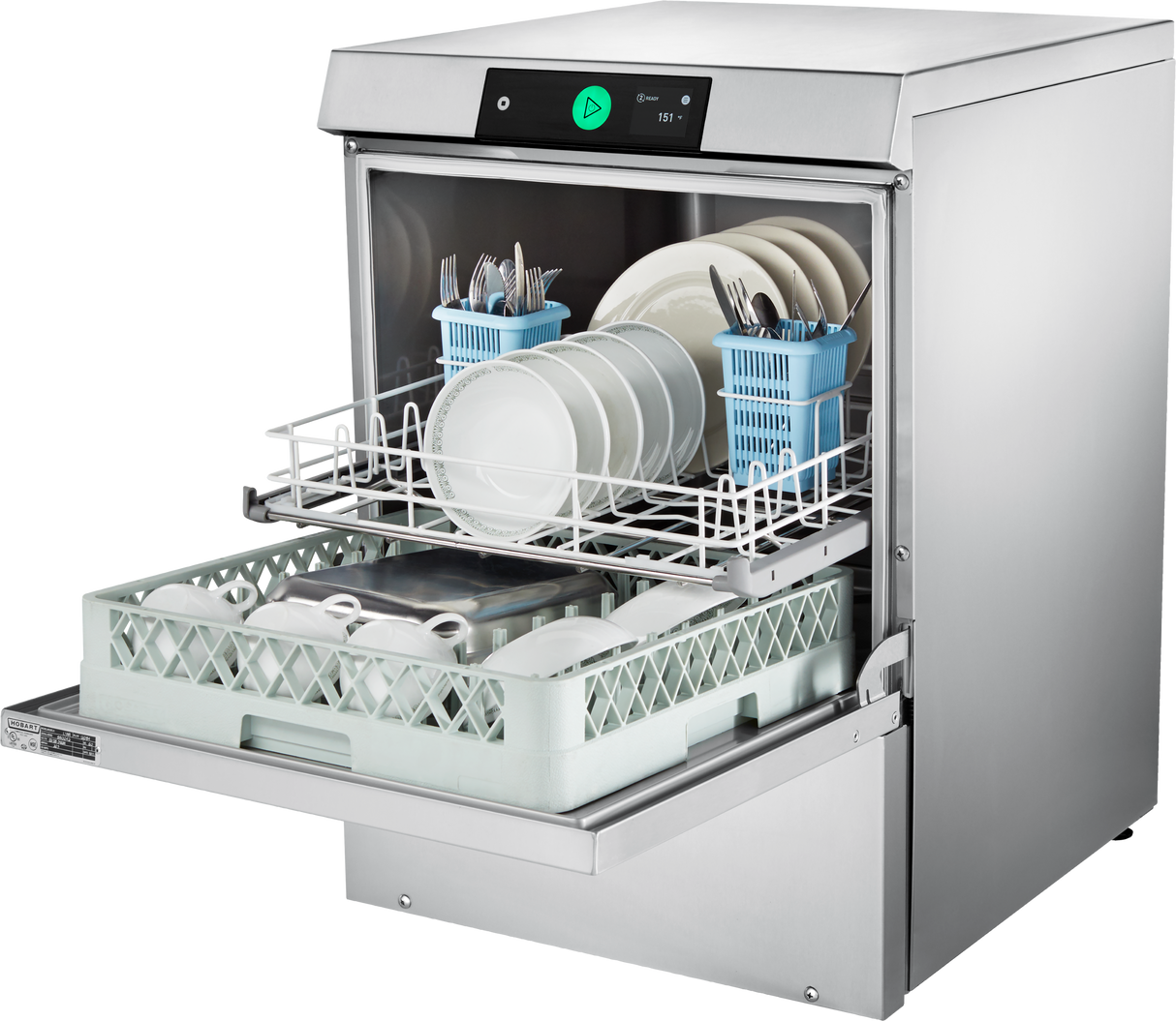 A commercial stainless steel dishwasher with its door open, revealing clean white plates, bowls, cups, and silverware neatly arranged in Hobart two level racks and silverware baskets. The digital display at the top shows green buttons and a wash cycle status.
