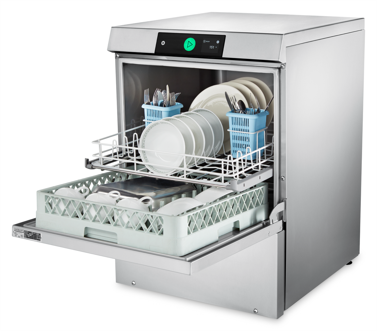 A stainless steel Advansys undercounter dishwasher with its door open. Inside, two racks hold clean plates, bowls, and blue utensil baskets. The control panel above features a green start button and digital indicators for high temperature sanitizing.