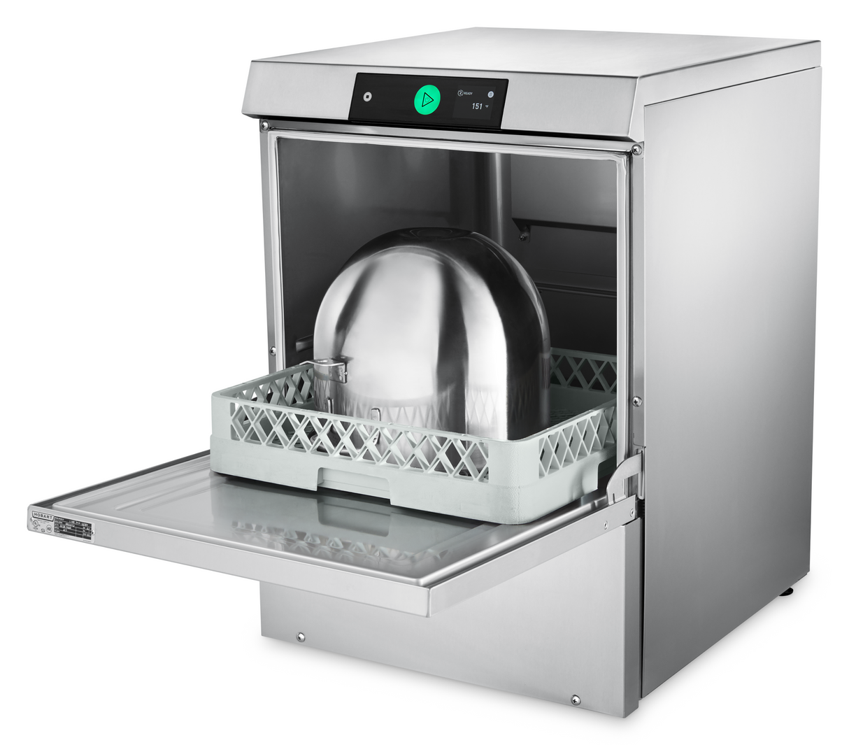 A stainless steel undercounter dishwasher with the front door open. Inside, a grey plastic rack holds a large, shiny metal mixing bowl. The digital control panel displays a green button and numbers. This high temperature sanitizing machine sits on a white background.