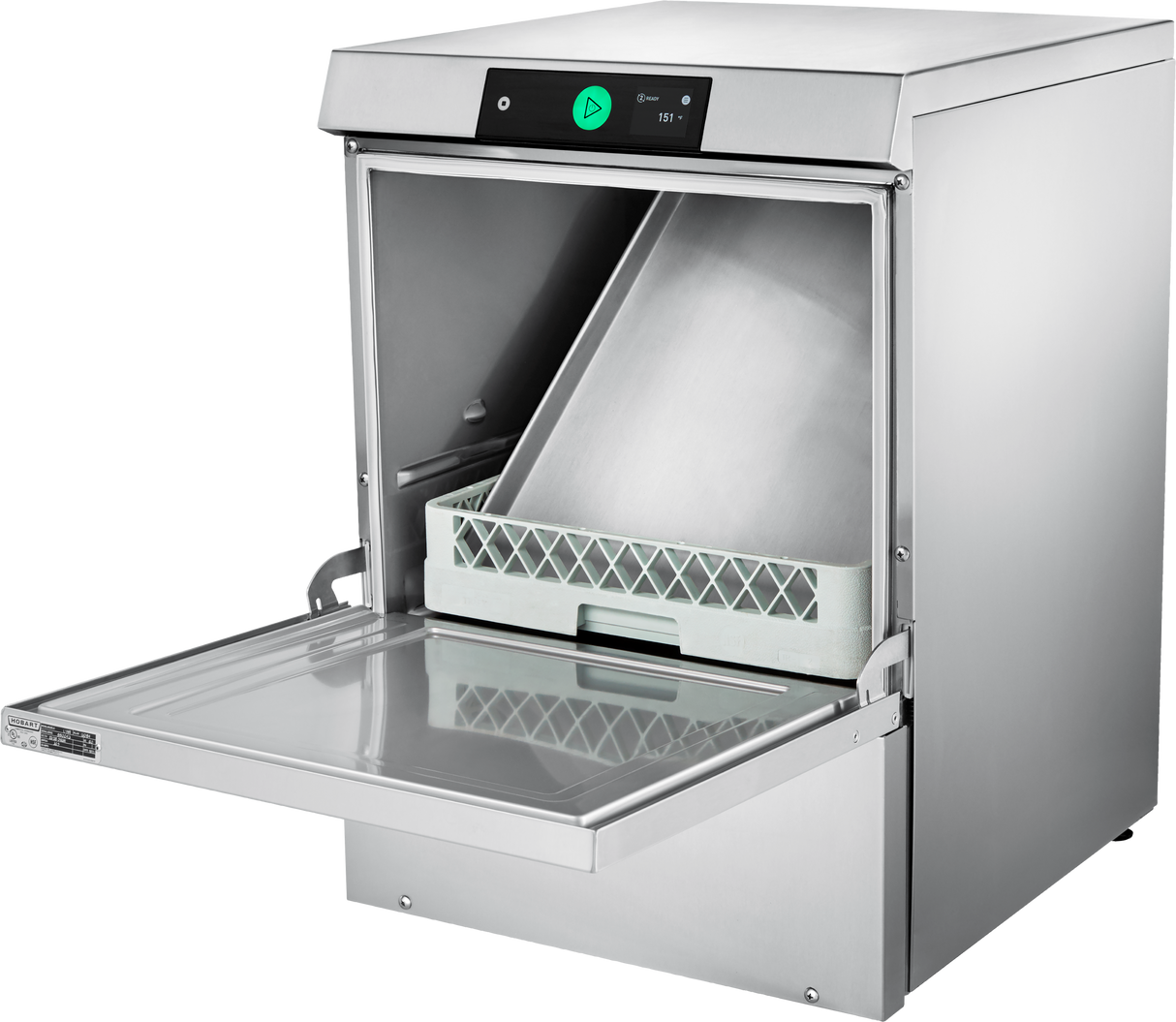 A commercial stainless steel undercounter dishwasher with an open door reveals an empty, tilted rack inside. The control panel on top displays a green start button and digital indicators. The clean interior and exterior surfaces ensure high temperature sanitizing.