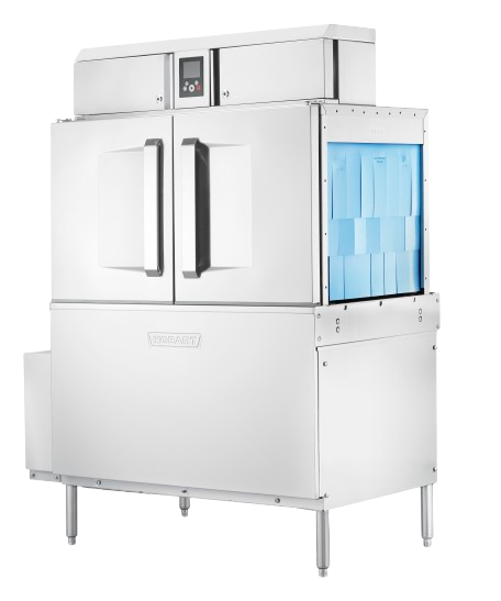 A large, industrial high capacity dishwasher with two vertical handles, a digital control panel on top, and blue plastic dividers visible through a side opening; the unit stands on four metal legs.