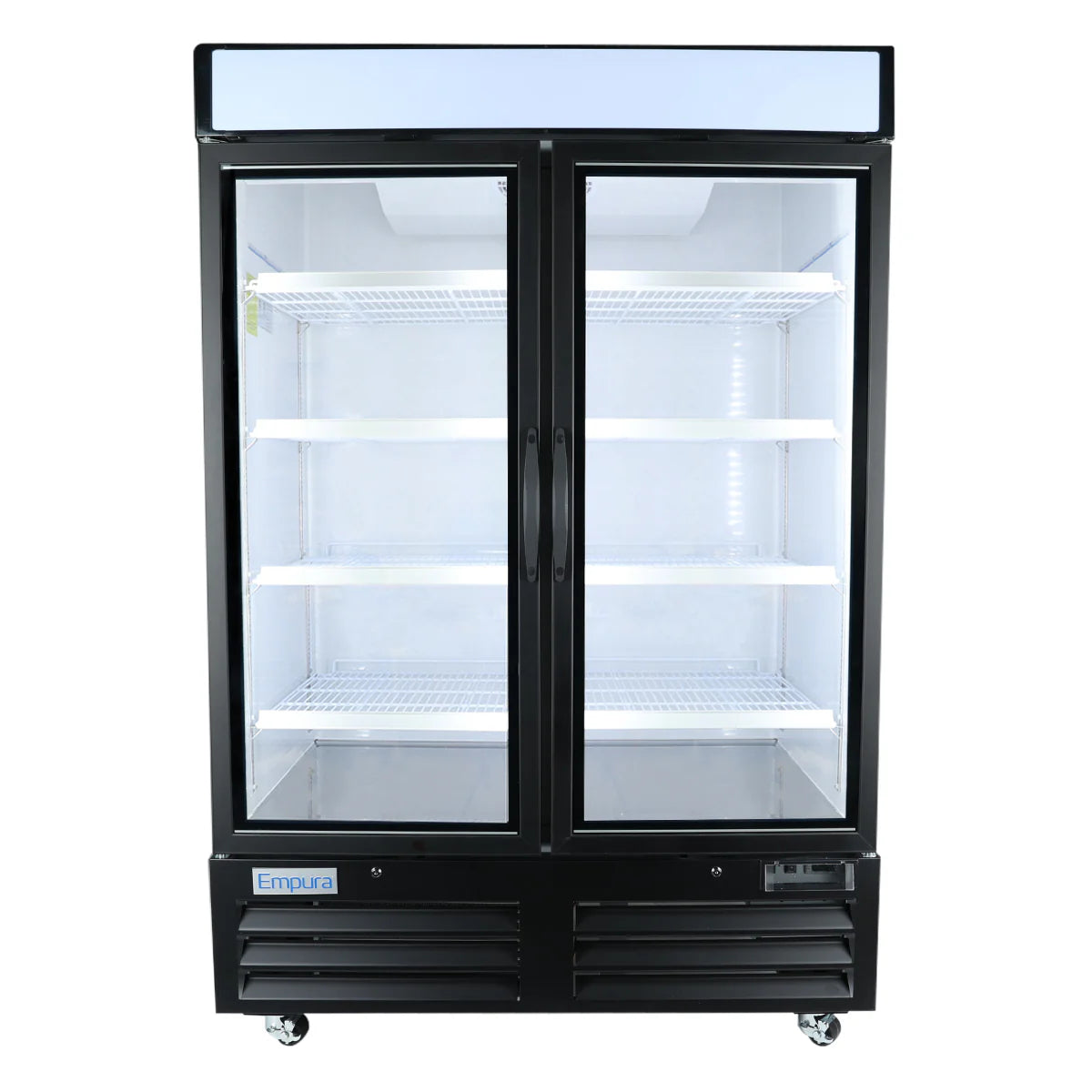A commercial black double-door Empura Refrigeration glass door freezer with clear doors, white interior, and multiple empty wire shelves. The unit has wheels and a white illuminated sign panel at the top; “Empura” branding is visible near the bottom left.