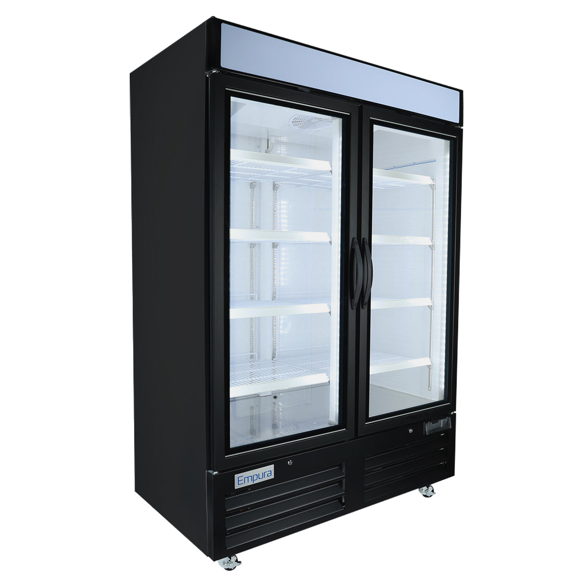 A commercial black double-door glass freezer merchandiser with vertical handles, four interior white shelves, and a vented base. This glass door freezer stands on small wheels, has a blank illuminated sign panel on top, and is empty inside.