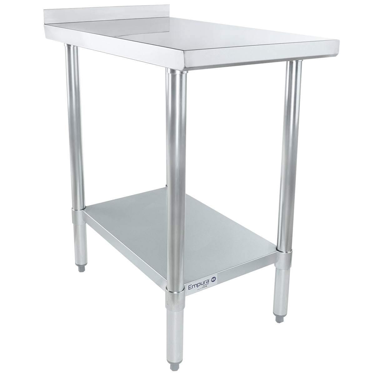 A stainless steel table with NSF certification, four cylindrical legs, an undershelf, and an upturned back edge. The Empura Filler Table features a smooth, shiny surface and is set against a plain white background.